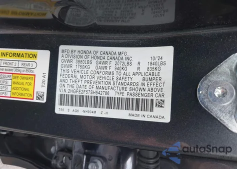 2025 Honda Civic Sport из США, поврежденный, VIN 2HGFE2F57SH542786